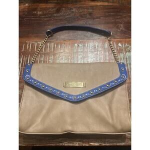 Kate Landry Tan Shoulder Bag Purse With Blue And Gold Accents Cheetah Lining